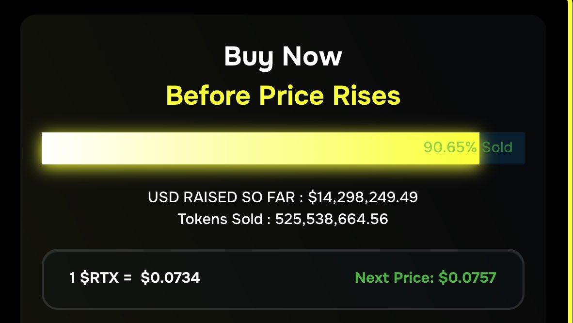 remittix's tweet photo. Price Update Alert! 🚨

Less than 10% remaining until the next price increase!

 • Current Price: $0.0734
 • Next Price: $0.0757

Get in before the price goes up! ⏳ 

$RTX #Remittix #Presale https://t.co/aSKimLtjRL