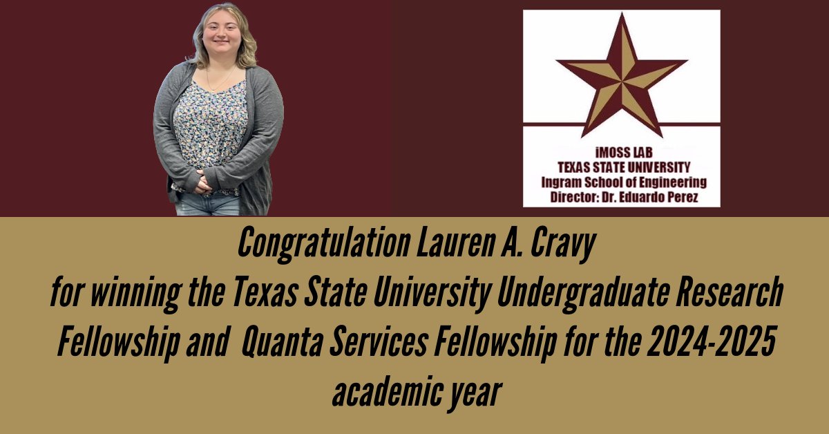 Huge congratulations to Lauren A. Cravy! 🎉 As her undergraduate research advisor, I’m proud to see her earn both the <a href="/txst/">Texas State University</a> Undergraduate Research Fellowship and the Quanta Services Fellowship for the 2024-2025 academic year. Well deserved! #ResearchExcellence #StudentSuccess"