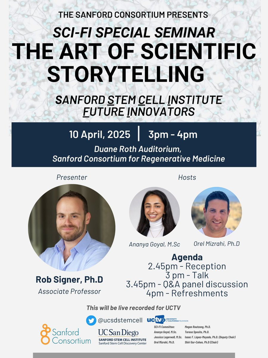 Shiri Gur-Cohen 💔🎗️ (@shirigurcohen) on Twitter photo Thrilled to announce a new 3-part special series in our SCI-FI seminars, kicking off with “The Art of Scientific Storytelling”! Mark your calendars, you won’t want to miss this one 🎉⭐️ <a href="/SignerLab/">Robert Signer</a> <a href="/ucsdstemcell/">UCSD Sanford Stem Cell Institute</a> <a href="/SanfordCRM/">Sanford Consortium for Regenerative Medicine</a> <a href="/UCSanDiegoDRM/">UCSD Division of Regenerative Medicine</a> <a href="/UCSDMedSchool/">UC San Diego School of Medicine</a> Thrilled to announce a new 3-part special series in our SCI-FI seminars, kicking off with “The Art of Scientific Storytelling”! Mark your calendars, you won’t want to miss this one 🎉⭐️ <a href="/SignerLab/">Robert Signer</a> <a href="/ucsdstemcell/">UCSD Sanford Stem Cell Institute</a> <a href="/SanfordCRM/">Sanford Consortium for Regenerative Medicine</a> <a href="/UCSanDiegoDRM/">UCSD Division of Regenerative Medicine</a> <a href="/UCSDMedSchool/">UC San Diego School of Medicine</a>