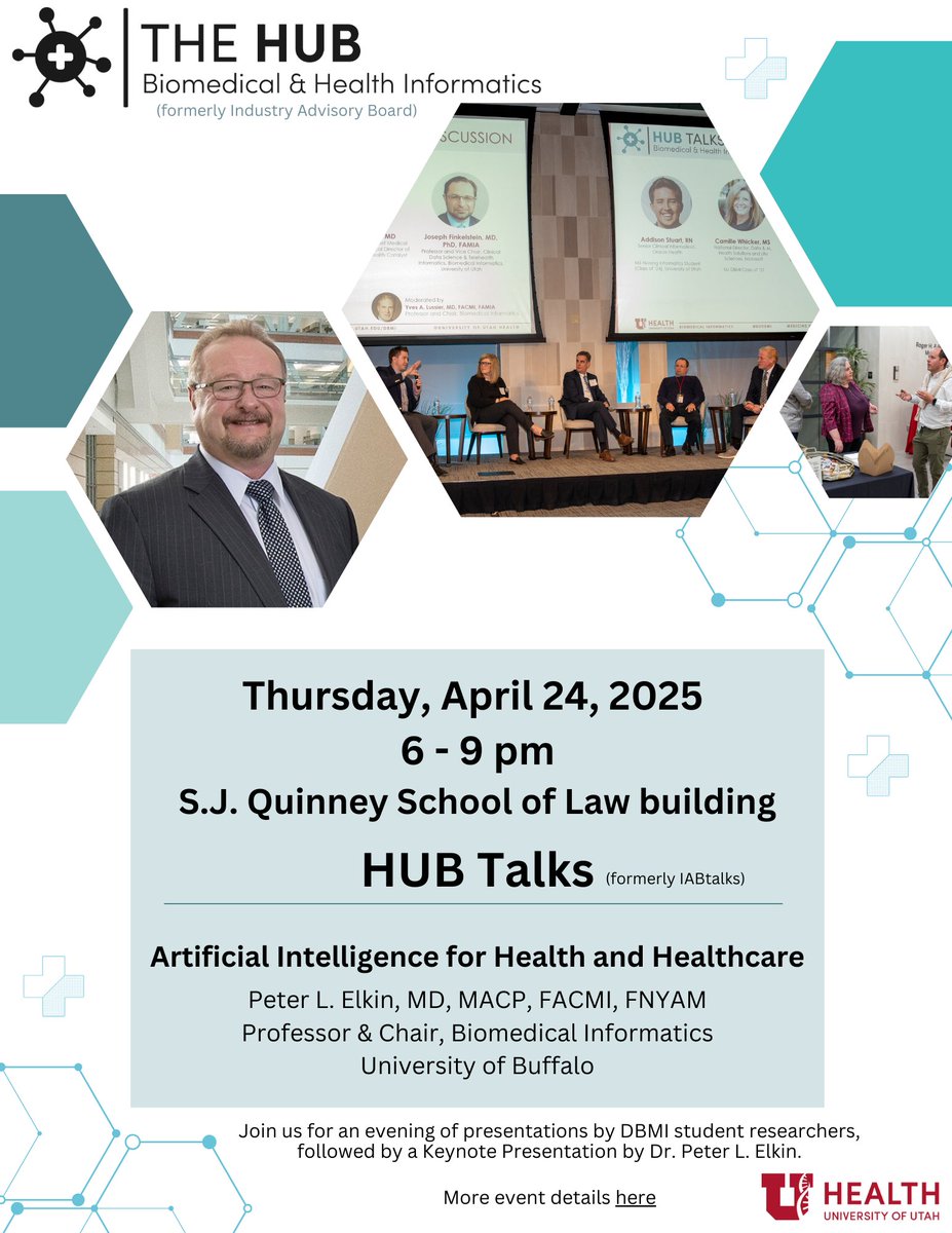 Biomedical Informatics (@uudbmi) on Twitter photo Join us on Thurs. April 24th from 6-9 pm for our HUB Talks networking event w/ keynote speaker Peter Elkin, presenting #ArtificialIntelligence for Health and Healthcare".
Sign up today: redcap.link/HUBTalks2025 Join us on Thurs. April 24th from 6-9 pm for our HUB Talks networking event w/ keynote speaker Peter Elkin, presenting #ArtificialIntelligence for Health and Healthcare".
Sign up today: redcap.link/HUBTalks2025