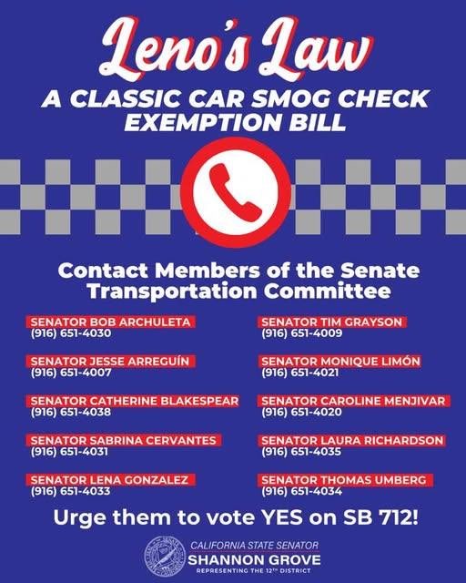 HEY CALIFORNIA CAR PEOPLE!

Now is the time — we have until 4/8 to make our voices heard so that California passes SB712 to EXEMPT 35-YEAR OLD COLLECTOR CARS FROM BIENNIAL SMOG CHECKS.

See my insta post for more info:

instagram.com/p/DH9nL3CSYko/