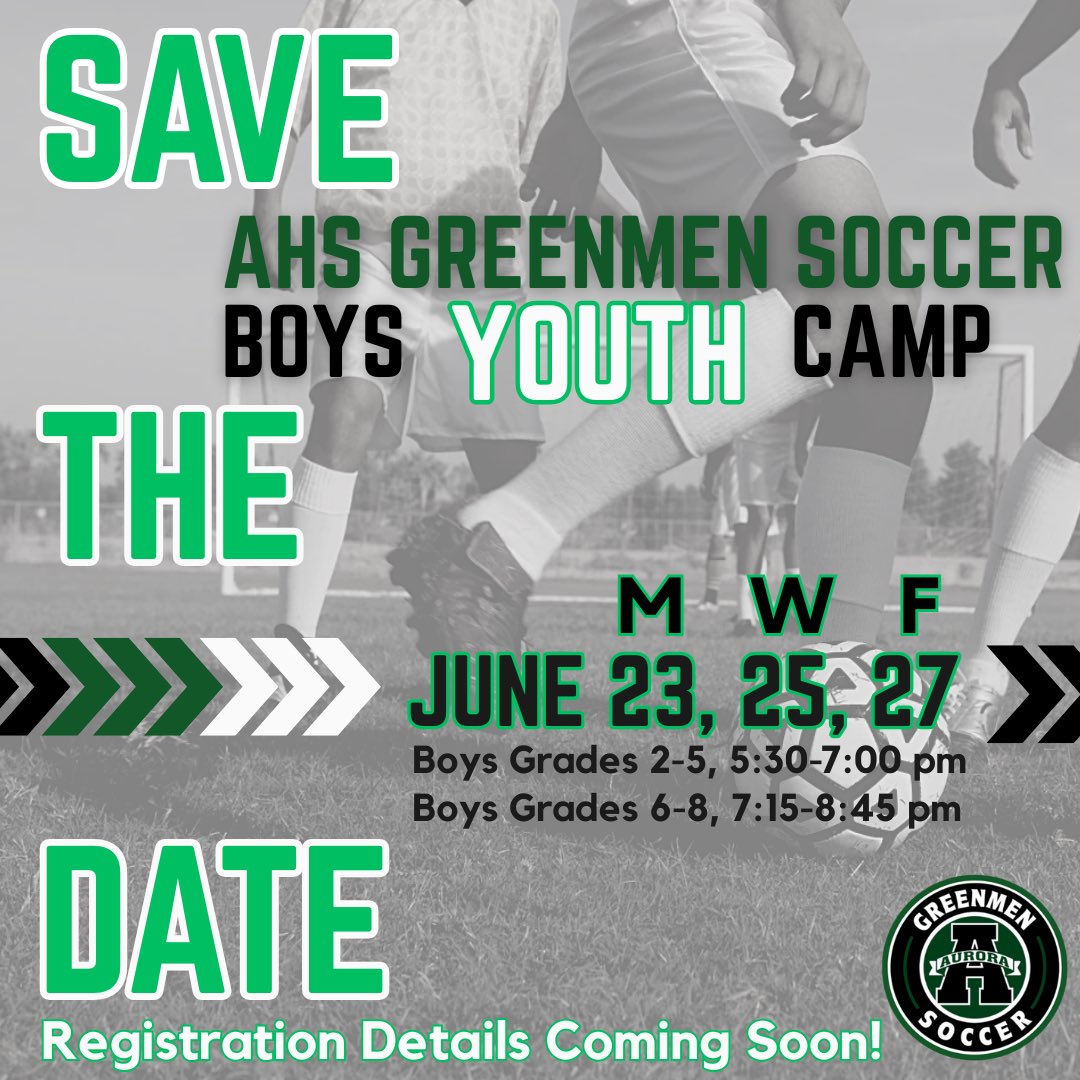 SAVE THE DATE! Our AHS Boys Greenmen Youth Soccer Camp will be here before you know it and we can’t wait to see all our youth players! Registration details will be posted soon. #gogreenmen