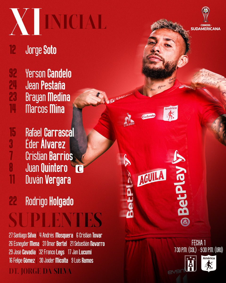 ADNFUTBOL29's tweet photo. 📋⚽️ Nuestro once titular para enfrentar esta noche a Racing de Montevideo en el Centenario, por la primera fecha de la @Sudamericana 2025. 👹

#ADNEscarlata 
#AmericaDeCali 
#PasiónEscarlata 
#RACxAMÉ
#CONMEBOLSudamericana https://t.co/C5r5FdvLSe