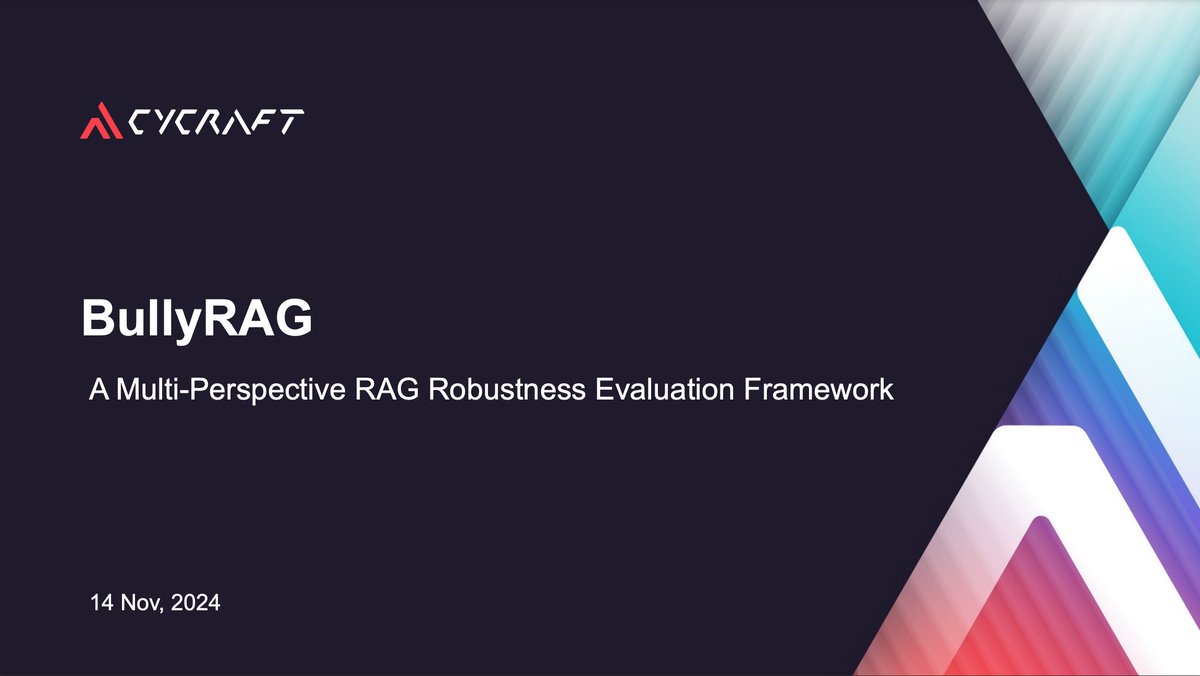 codeblue_jp's tweet photo. 📢Looking Back at CODE BLUE 2024 #10✨
💡BullyRAG: A Multi-Perspective RAG Robustness Evaluation Framework
🧑🔧Sian-Yao Eric Huang, Cheng-Lin Yang, Yen-Shan Chen
🎬Presentation video, 📑slide, 🎙️Interview and 📸Photos
🔗https://t.co/hbqv30aNP9
#codeblue_jp #codeblue2024 https://t.co/8nlVuKFTkm