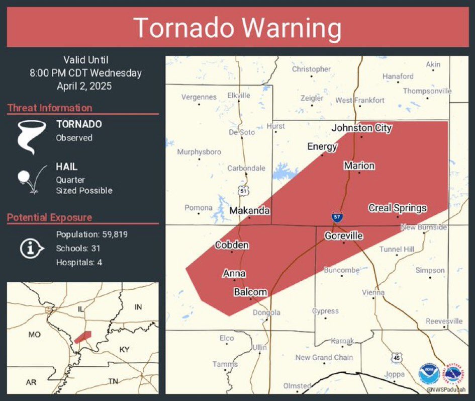 The National Weather Service has issued a TORNADO WARNING for Williamson County including Marion until 8:15 p.m.