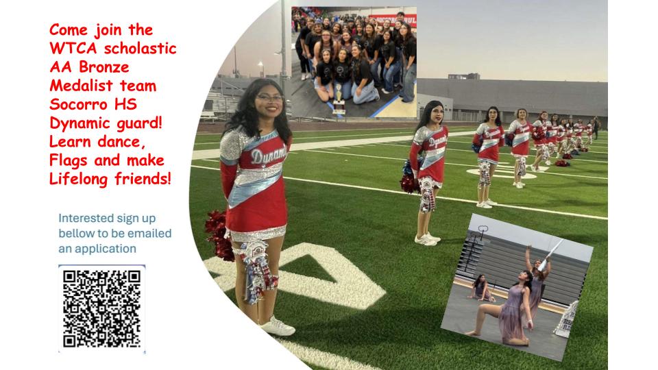 Join the WTCA Scholastic AA Bronze Medalist team Socorro HS Dynamic! Learn dance, flags, &amp; make lifelong friends! Incoming 9th graders welcome too! Please share to spread the word! <a href="/Socorro_HS1/">Ignacio Estorga, Ed.D</a> <a href="/SHS_Band_Flags/">Socorro HS Band & Flags</a>  <a href="/SocorroISD/">Socorro ISD</a> <a href="/ESerna_PK8/">Raul Caldera Principal 💙 🐺 🇺🇸</a> <a href="/SSanchez_MS/">Lourdes Coria</a> <a href="/Socorro_Middle/">Socorro Middle</a> <a href="/SocorroStuco/">SHS Bulldog Student Council</a>