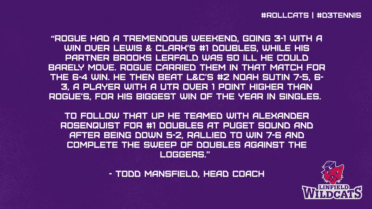 Congratulations to Rogue Stone for delivering the Linfield Men’s Tennis Performance of the Week with his team-leading road performance over the weekend 🔥🏅🎾

#RollCats | #d3tennis