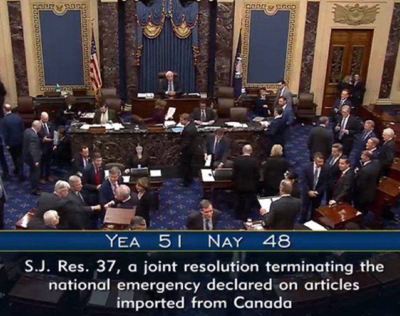 krassenstein's tweet photo. BREAKING: In a stunning rebuke of Trump-era policy, the Senate just voted 51-48 to strike down tariffs on Canadian imports. Four Republicans, including Mitch McConnell, joined every single Democrat to try to dismantle a major piece of Trump’s trade agenda.
The GOP split is real, and it’s growing.
