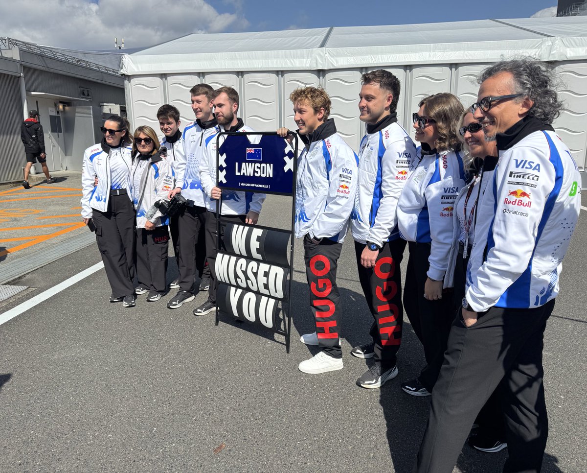 Liam Lawson gets welcomed back by <a href="/visacashapprb/">Visa Cash App Racing Bulls F1 Team</a> #F1 #JapaneseGP