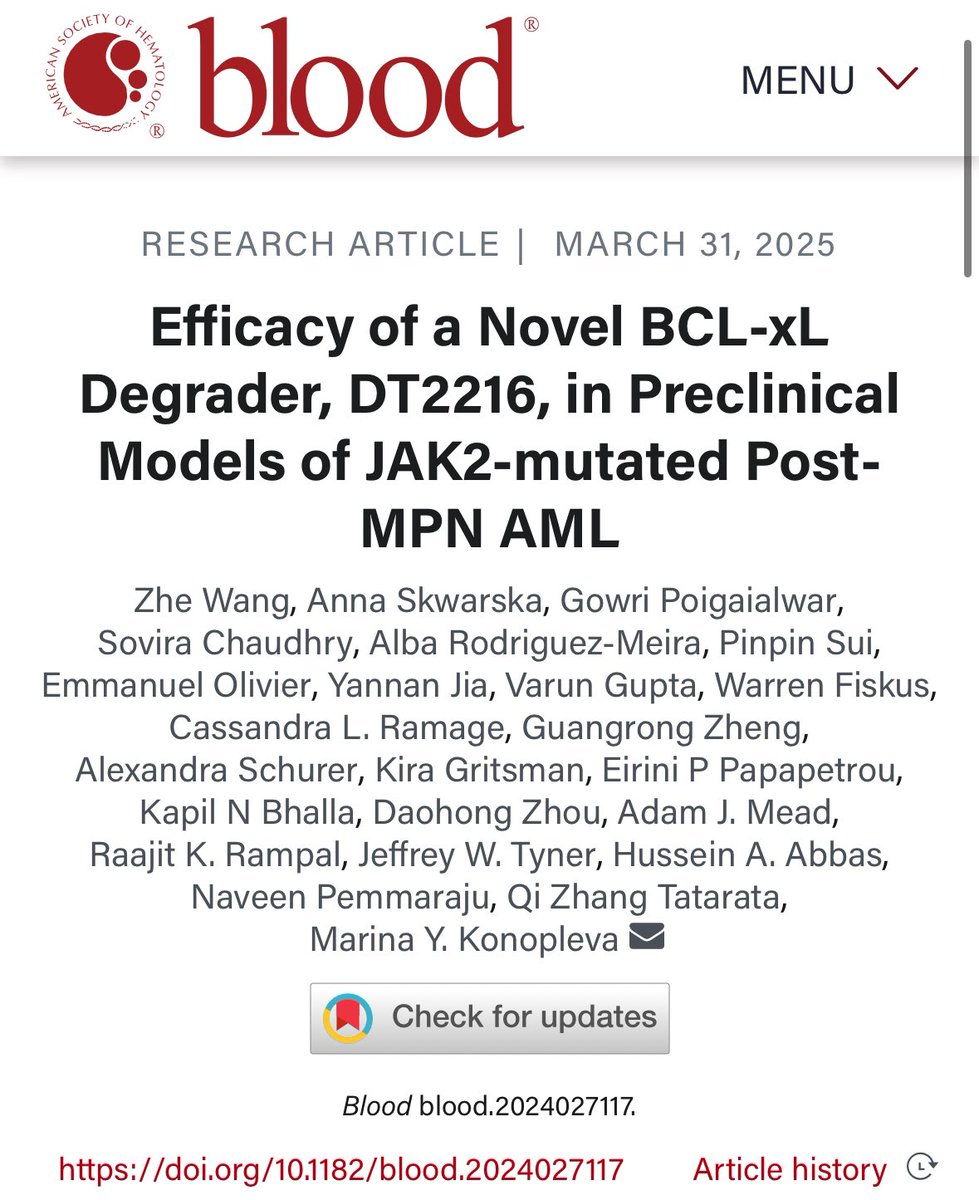 👉👉👉Proud to share our brand new collaborative major paper🚨 just out in @BloodJournal led by Prof Marina Konopleva .<a href="/mkonople/">Marina Konopleva</a> | 
Efficacy of a Novel #BCLxL Degrader, DT2216 in Preclinical Models of JAK2-m-Post-MPN AML ashpublications.org/blood/article/… | #MPNSM #leusm .<a href="/AdamMead_Oxford/">Adam Mead</a>