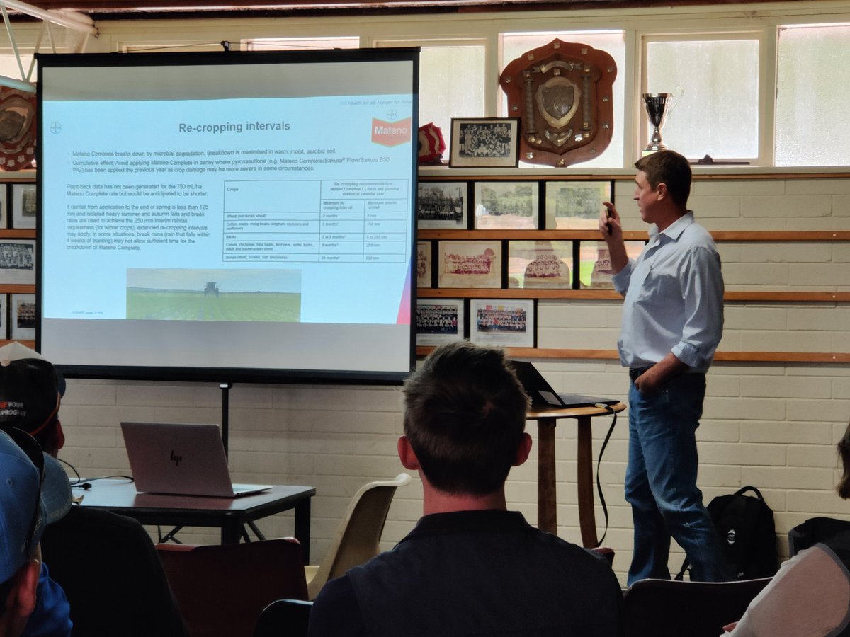 Tim Murphy <a href="/Bayer/">Bayer AG</a> discussed pre-sowing spray solutions, Canola timing, dry seeding and plant backs for the coming season. Defer to your label. Planting deep to avoid chemistry will be problematic with low soil moisture in the profile. 
#MNHRZAutumnUpdate
#mateno #spraysolutions