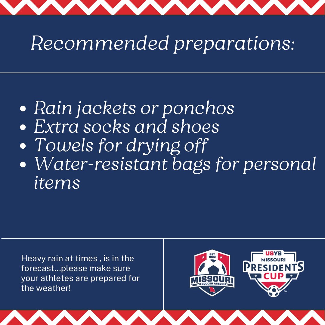 A little rain never hurt! Here's a guide to help prepare for the possible rain this weekend! ☔️⁠
⁠
Any weather updates needed will be emailed to coaches and posted to our Instagram @moyouthsoccer.⁠
⁠
Safe travels to Jefferson City this weekend! 🚗💨⁠