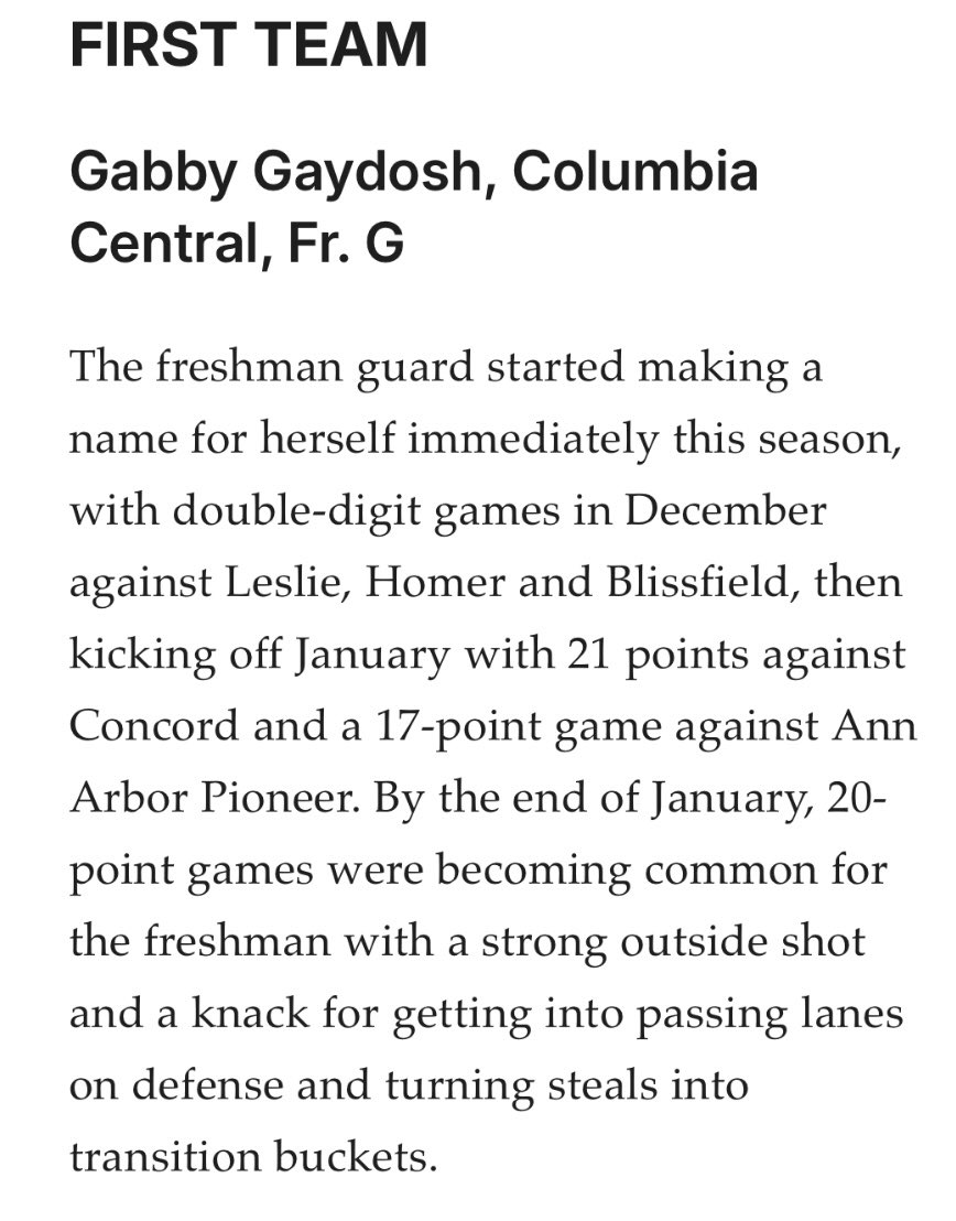 Gabby Gaydosh (@gabby_gaydosh_0) on Twitter photo Thank you <a href="/MLive/">MLive</a> for the recognition and being named First Team All Area Dream Team.
<a href="/CoachColeCC/">Coach Cole</a> <a href="/CoachEvanBell/">Evan Bell</a> <a href="/pgh_Danyle/">PrepGirlsHoopsDanyle</a> <a href="/CoachEmilyPGH/">Emily Somerville</a> <a href="/LBInsider/">Jason Wilkins (Wilkins Report)</a> <a href="/HankampScott/">Scott Hankamp</a> <a href="/Mystics517/">Michigan Mystics - Jackson</a> <a href="/MImystics/">Michigan Mystics</a> <a href="/wadesworld32/">Coach Keith Wade</a> <a href="/PGHMichigan/">Prep Girls Hoops Michigan</a> <a href="/TheMRR7/">The Midwest Recruiting Resource</a> <a href="/Eric_Ingles/">Eric Ingles</a> <a href="/secorsig/">Andrew Secor</a> <a href="/theshotcoach11/">Pop</a> <a href="/CCGirlsbasket/">CC Girls Basketball</a> Thank you <a href="/MLive/">MLive</a> for the recognition and being named First Team All Area Dream Team.
<a href="/CoachColeCC/">Coach Cole</a> <a href="/CoachEvanBell/">Evan Bell</a> <a href="/pgh_Danyle/">PrepGirlsHoopsDanyle</a> <a href="/CoachEmilyPGH/">Emily Somerville</a> <a href="/LBInsider/">Jason Wilkins (Wilkins Report)</a> <a href="/HankampScott/">Scott Hankamp</a> <a href="/Mystics517/">Michigan Mystics - Jackson</a> <a href="/MImystics/">Michigan Mystics</a> <a href="/wadesworld32/">Coach Keith Wade</a> <a href="/PGHMichigan/">Prep Girls Hoops Michigan</a> <a href="/TheMRR7/">The Midwest Recruiting Resource</a> <a href="/Eric_Ingles/">Eric Ingles</a> <a href="/secorsig/">Andrew Secor</a> <a href="/theshotcoach11/">Pop</a> <a href="/CCGirlsbasket/">CC Girls Basketball</a>