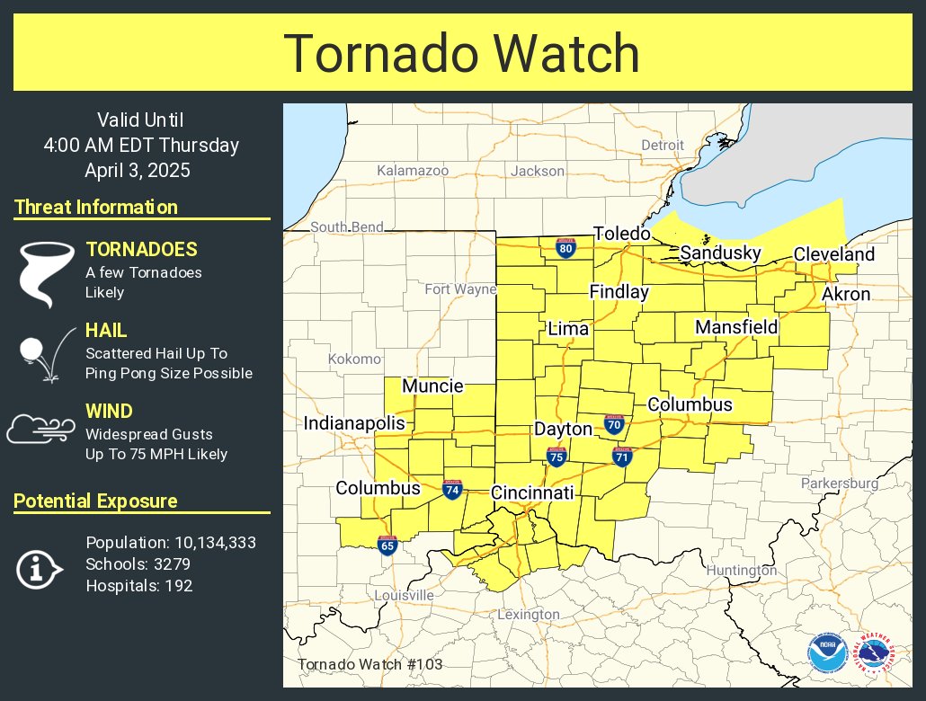 NWSIWX's tweet photo. A tornado watch has been issued for parts of Indiana, Kentucky and Ohio until 4 AM EDT https://t.co/Xlif68qBQb