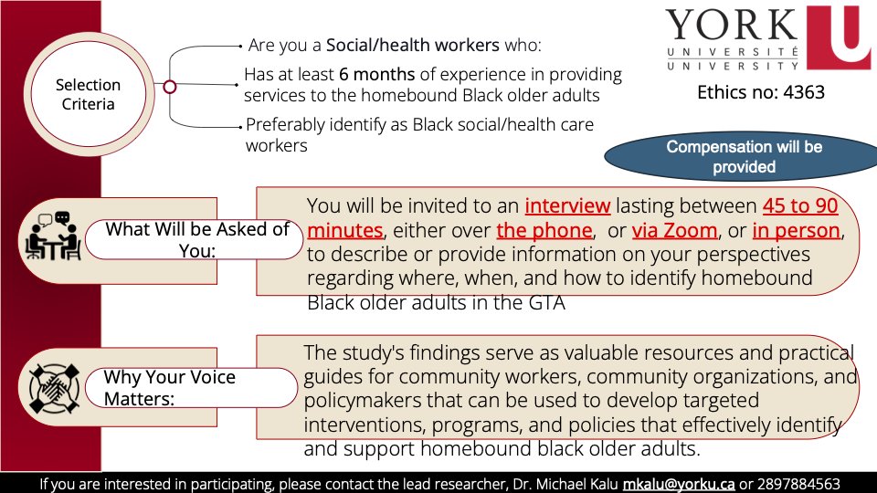 Are you a social or health worker with 6+ months experience serving homebound Black older adults in the GTA?

Join a 45–90 min interview to share your insights.

💵 Compensation provided!
📩 mkalu@yorku.ca | 289-788-4563

#BlackHealth #YorkU #GTA #Homebound