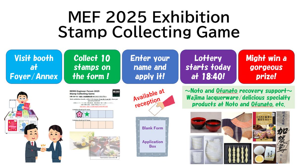 ForumMems's tweet photo. 【スタンプラリーで豪華景品も！　MEMS Engineer Forum 2025】
展示ブースを回ってスタンプを集めると「能登・大船渡応援ギフト/輪島塗漆器や美味しい特産品」や雑誌「金属/特集：MEMS技術の現状と展望」が当たるかも！？
#MEMS #MEF https://t.co/BLuQzaPNnd