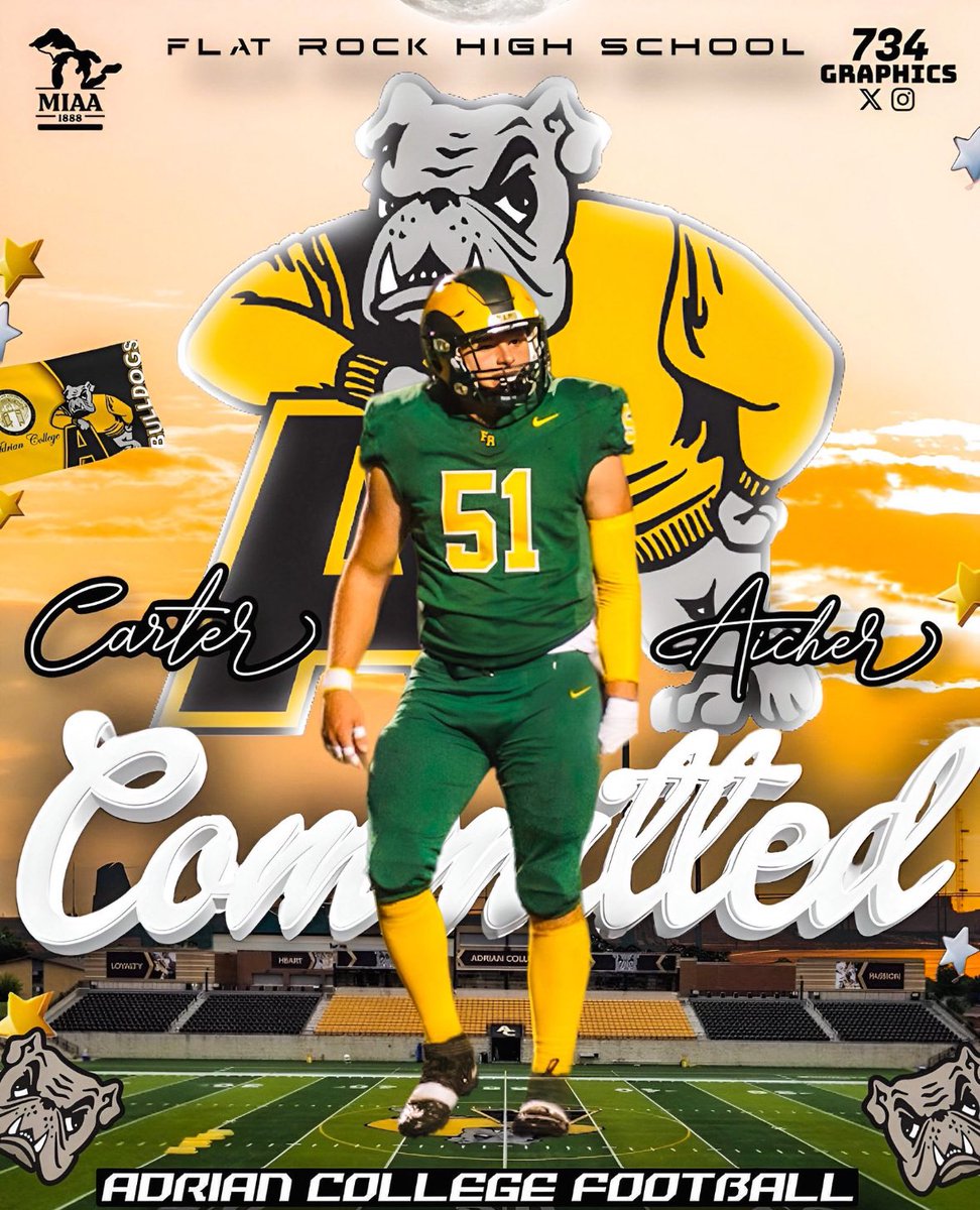 I’m happy to say that I have committed to <a href="/AdrianCollegeFB/">Adrian College Football</a> . I can’t thank my coaches and family enough for the help along the way. Let’s get to work. ❤️‍🔥❤️‍🔥❤️‍🔥<a href="/CoachLeek0404/">Coach Edwards</a> <a href="/Coach_Shiels/">Ron Shiels</a> <a href="/FR_Athletics/">Flat Rock Athletics</a> <a href="/FlatRockFball/">Flat Rock Football</a> <a href="/MIexposure/">Michigan exposure</a> <a href="/statechampsmich/">STATE CHAMPS! Michigan</a> <a href="/734_graphics/">Commitment Edits</a>
