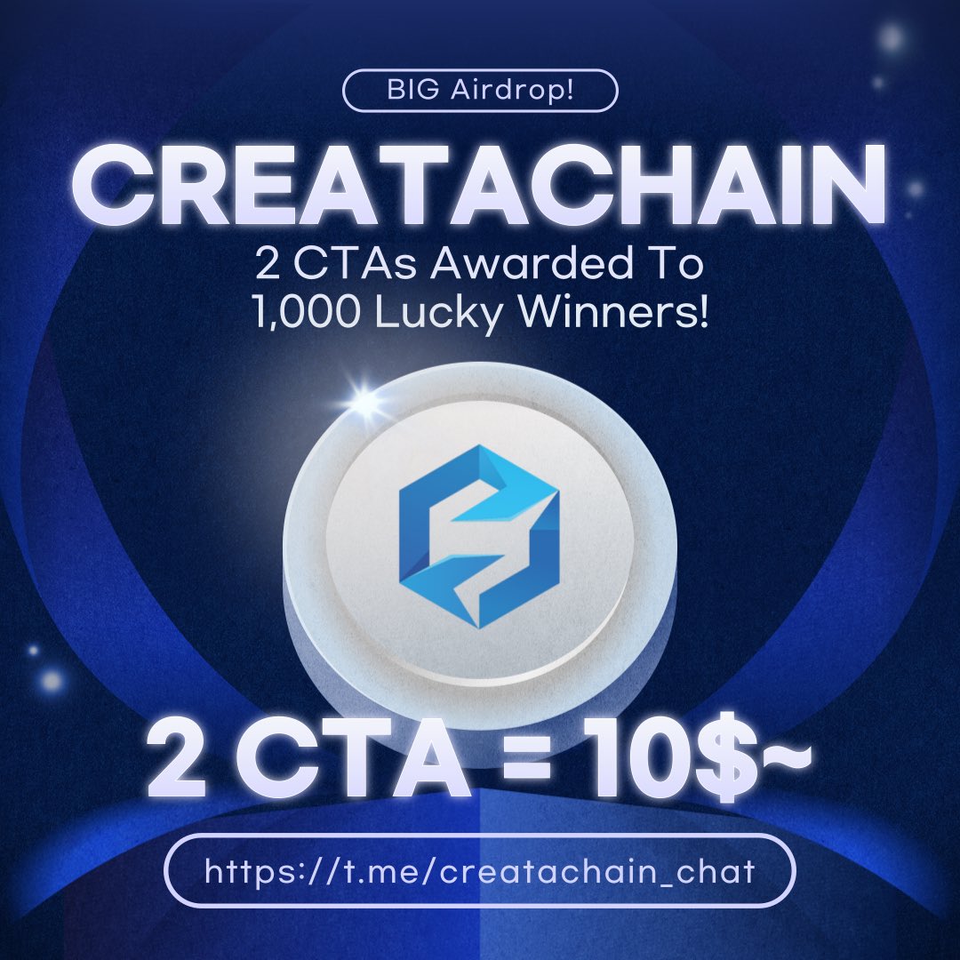 New Airdrop: CreataChain
Reward: 2 CTA tokens (~$10)
News: Wallet
Distribution date: 1 month after end

🔗Airdrop Link: forms.gle/VP6uzK43oKfgkX…

- Complete all tasks of the airdrop
- Submit your Creata wallet address
- This airdrop for random 1,000 participants