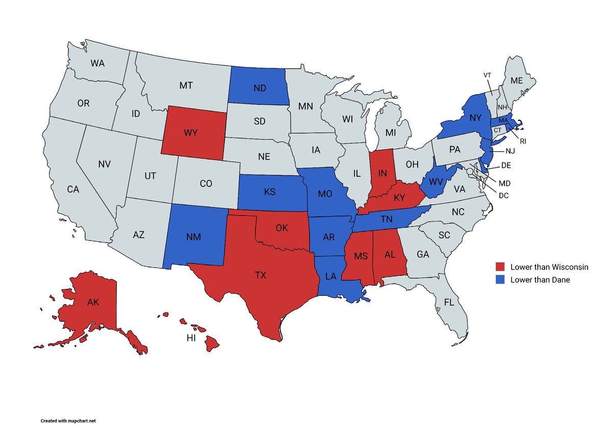 WI_Forward's tweet image. A quick map comparing Wisconsin and Dane's turnout in this election to the 2024 presidential turnout in every state. Wisconsin as a whole had a higher turnout than 9 states and Dane was higher in an additional 13 states.