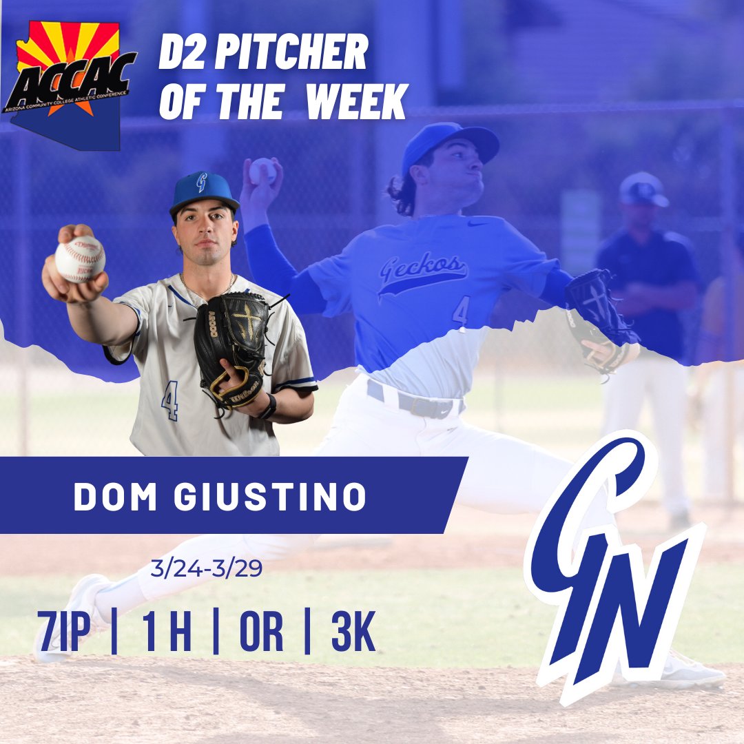 GateWay CC Athletics (@gatewaygeckos) on Twitter photo Congratulations to <a href="/gecknation/">GeckNation Baseball</a> ⚾ pitcher <a href="/dom_giustino24/">Dom Giustino</a> for being selected <a href="/accac_sports/">ACCAC Sports</a> D2 pitcher of the week for his shutout performance against Mesa!
<a href="/gatewayaz/">GateWay CC</a> <a href="/NJCAA/">NJCAA</a> Congratulations to <a href="/gecknation/">GeckNation Baseball</a> ⚾ pitcher <a href="/dom_giustino24/">Dom Giustino</a> for being selected <a href="/accac_sports/">ACCAC Sports</a> D2 pitcher of the week for his shutout performance against Mesa!
<a href="/gatewayaz/">GateWay CC</a> <a href="/NJCAA/">NJCAA</a>