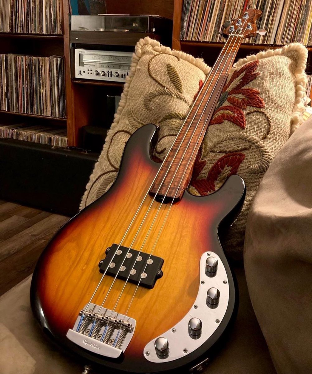 A Music Man Fretless Stingray with a Flamed Maple Fingerboard. @alec_newnam