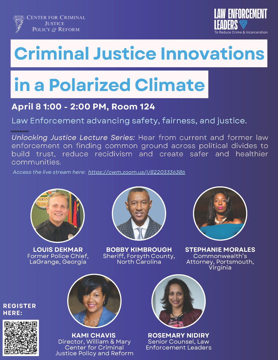 Join us for a discussion about Criminal Justice Innovations in a Polarized Climate.  Hear from current and former law enforcement on finding common ground across political divides cwm.zoom.us/j/82203336386
