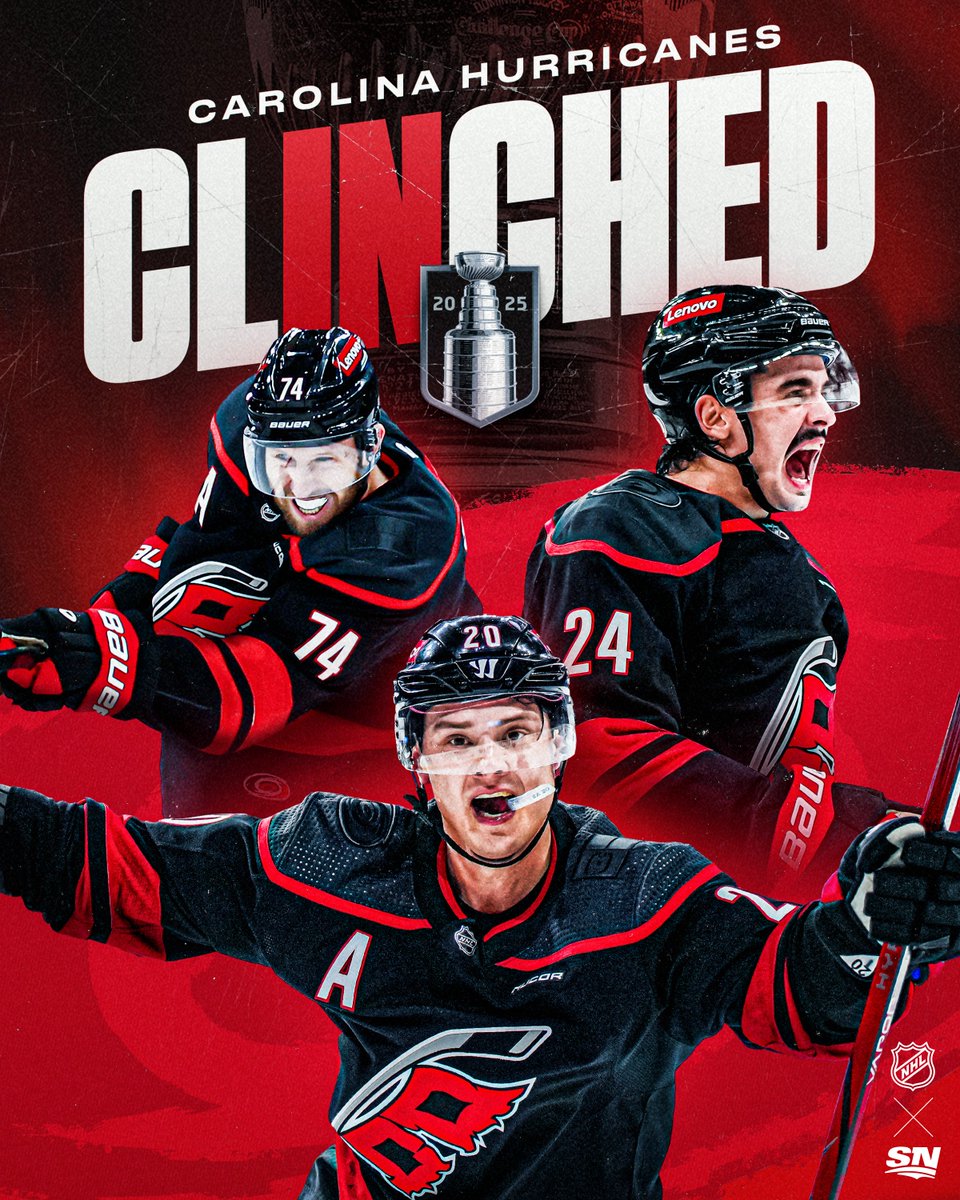 Sportsnet (@sportsnet) on Twitter photo CAROLINA CLINCHES! โ
The <a href="/Canes/">Carolina Hurricanes</a> have officially punched their ticket to the #StanleyCup Playoffs! ๐๏ธ CAROLINA CLINCHES! โ
The <a href="/Canes/">Carolina Hurricanes</a> have officially punched their ticket to the #StanleyCup Playoffs! ๐๏ธ