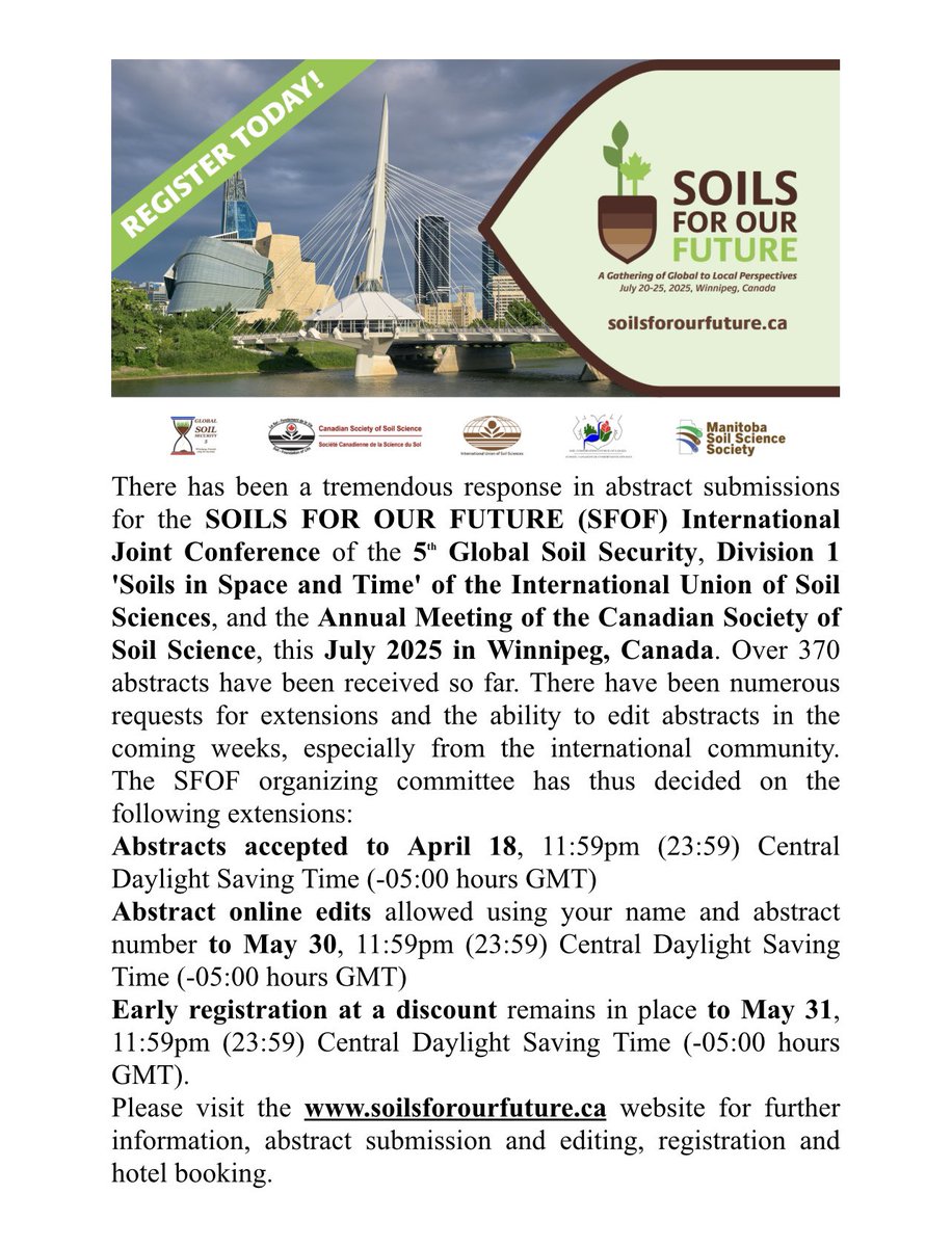 Soils for Our Future‼️ Reminder 📆📣🥇
#IUSS100 #SFOF #lookingforward #InSoilWeTrust #callforabstracts  #conference