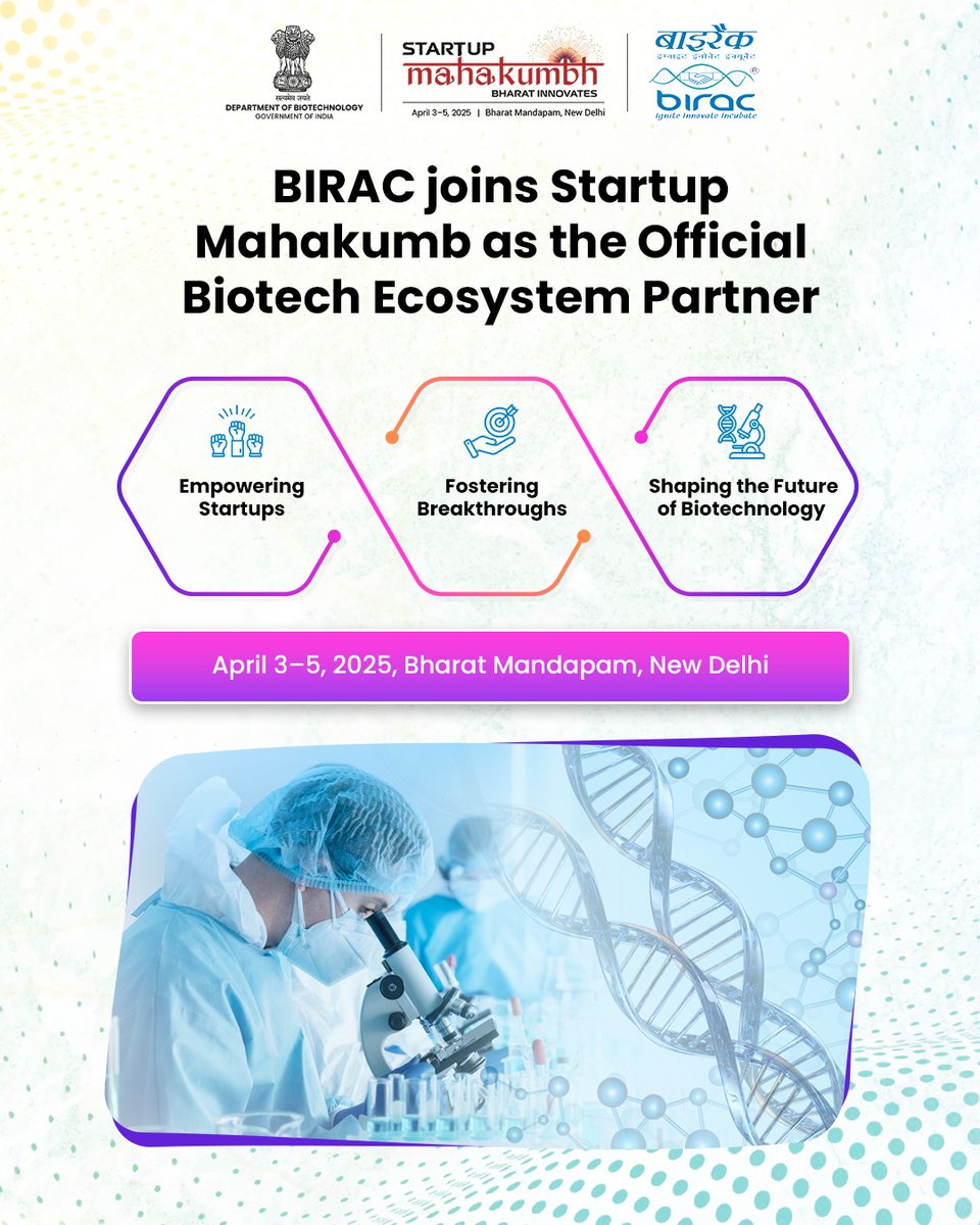 BIRAC_2012's tweet image. BIRAC joins startup Mahakumbh as the official Biotech Ecosystem Partner!

 Empowering Startups
 Driving Innovation
 Transforming Biotechnology

Join us in shaping the future of biotech.

#StartupMahakumbh #BIRAC #BiotechRevolution