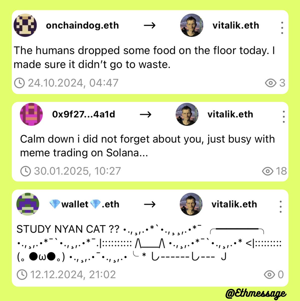 “Calm down i didn’t forget about you, just busy with meme trading on Solana”