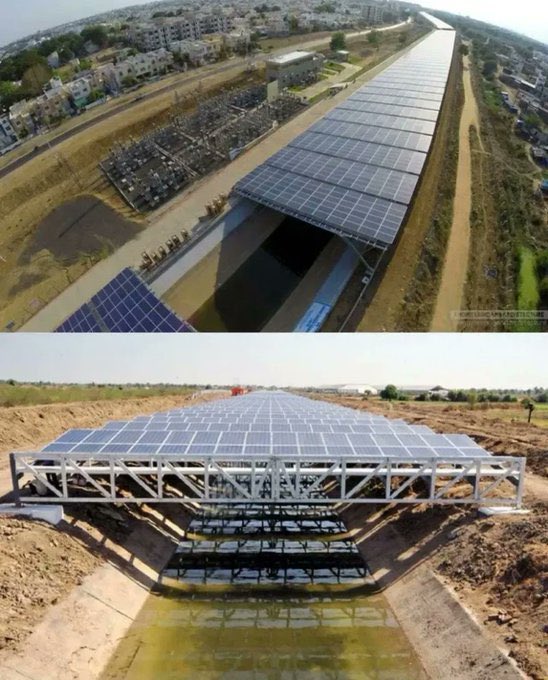 The Most Amazing Infrastructure in the world.🧵

1. The Canal Solar Power Project in Gujarat, India, to use the 532 km long network of Narmada canals for setting up solar panels to generate electricity.

It saves land, reduces evaporative losses &amp; keeps solar panels cooler.