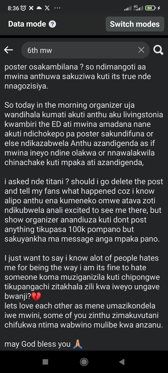 6TH Mw was duped by a fake promoter who reneged on a verbal agreement to perform at Livingstonia University for K300,000. The promoter cited security concerns at the last minute. Lesson learned: having a manager can help avoid such situations because this bad.