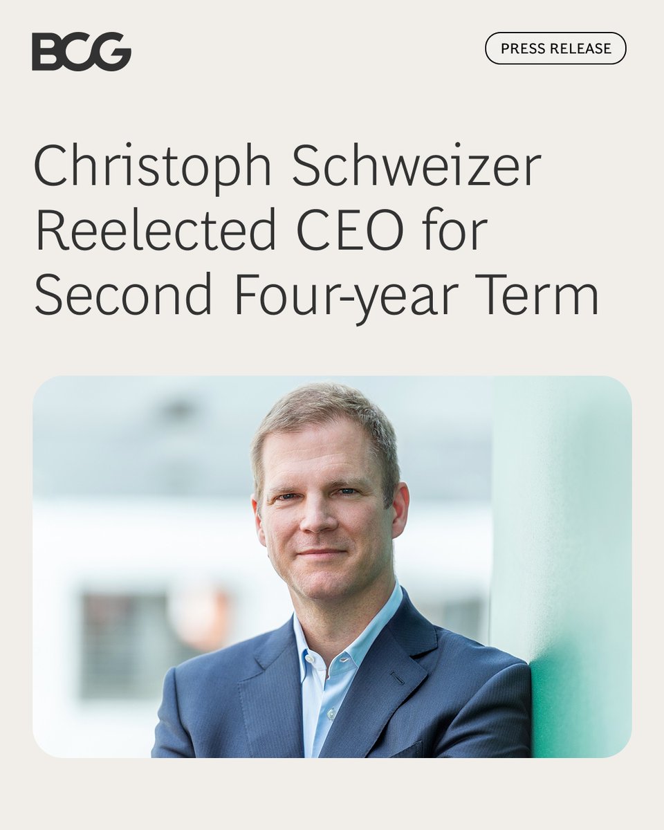 Proud to share that Christoph Schweizer has been reelected as BCG’s CEO. Under his leadership, we hit $13.5B in global revenue in 2024—a 10% rise and our 21st year of growth, driven by AI and transformation work. Congratulations, Christoph!