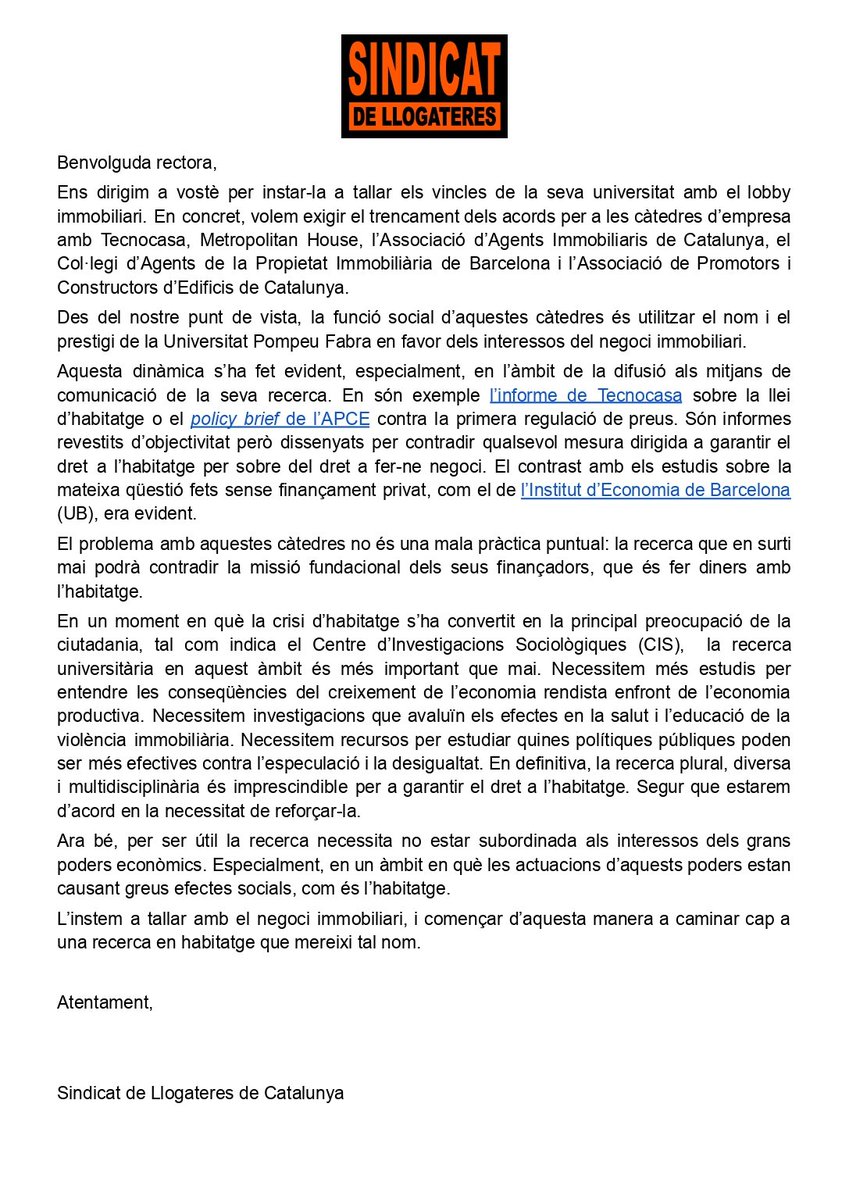 Sindicat de Llogateres i Llogaters (@sindicatlloguer) on Twitter photo ✉️ CARTA A LA RECTORA DE LA UPF
La <a href="/UPFBarcelona/">UPF Barcelona</a> té quatre grups de recerca finançats pel lobby immobiliari: les receptes acadèmiques de com superar la crisi de l'habitatge estan pagades per empreses que necessiten augmentar els seus beneficis en l'habitatge. ✉️ CARTA A LA RECTORA DE LA UPF
La <a href="/UPFBarcelona/">UPF Barcelona</a> té quatre grups de recerca finançats pel lobby immobiliari: les receptes acadèmiques de com superar la crisi de l'habitatge estan pagades per empreses que necessiten augmentar els seus beneficis en l'habitatge.