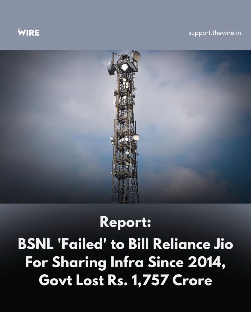 RoshanKrRaii's tweet photo. As per reports, BSNL failed to bill Jio for using its infrastructure since 2014. 

BSNL would have received INR 1757 Crore had it billed Jio regularly. 

That is 1757 taken out of the tax payer's pocket and straight into Ambani's pocket 

This is the real Revdi no one talks about. 

Share and expose 🔥