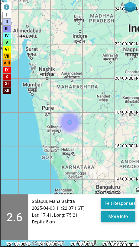 NCS_Earthquake's tweet photo. EQ of M: 2.6, On: 03/04/2025 11:22:07 IST, Lat: 17.41 N, Long: 75.21 E, Depth: 5 Km, Location: Solapur, Maharashtra. 
For more information Download the BhooKamp App 
https://t.co/5gCOtjcVGs 
@DrJitendraSingh 
@OfficeOfDrJS 
@Ravi_MoES  
@Dr_Mishra1966 
@ndmaindia https://t.co/DYZgG9zlg2