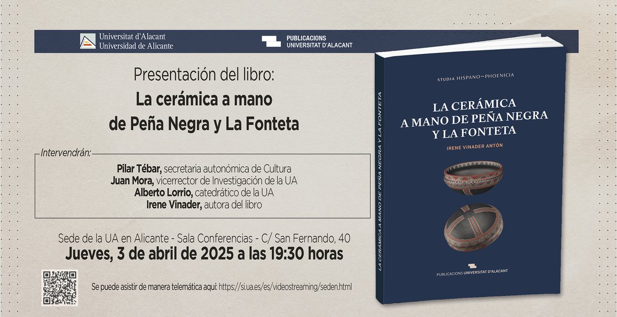 Continuamos hoy con nuestra programación en la semana de la <a href="/flalicante/">Feria del Libro de Alicante 2025</a> 
⏰19:30 h
📌Sede Ciudad de #Alicante, c/ San Fernando, 40
📚La cerámica a mano de Peña Negra y La Fonteta
➡️publicaciones.ua.es/libro/la-ceram…