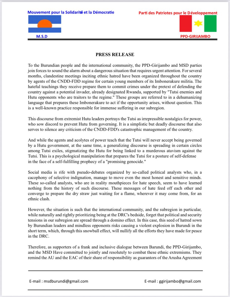 MsdBurundi's tweet photo. 🔴 PRESS RELEASE
The @MsdBurundi and @PpdGirijambo parties warn of a dangerous rise in ethnic hate speech in Burundi, fueled by the ruling regime and some exiled groups. This explosive situation requires urgent action from the AU and EAC to prevent disaster.
📜 Read the full statement