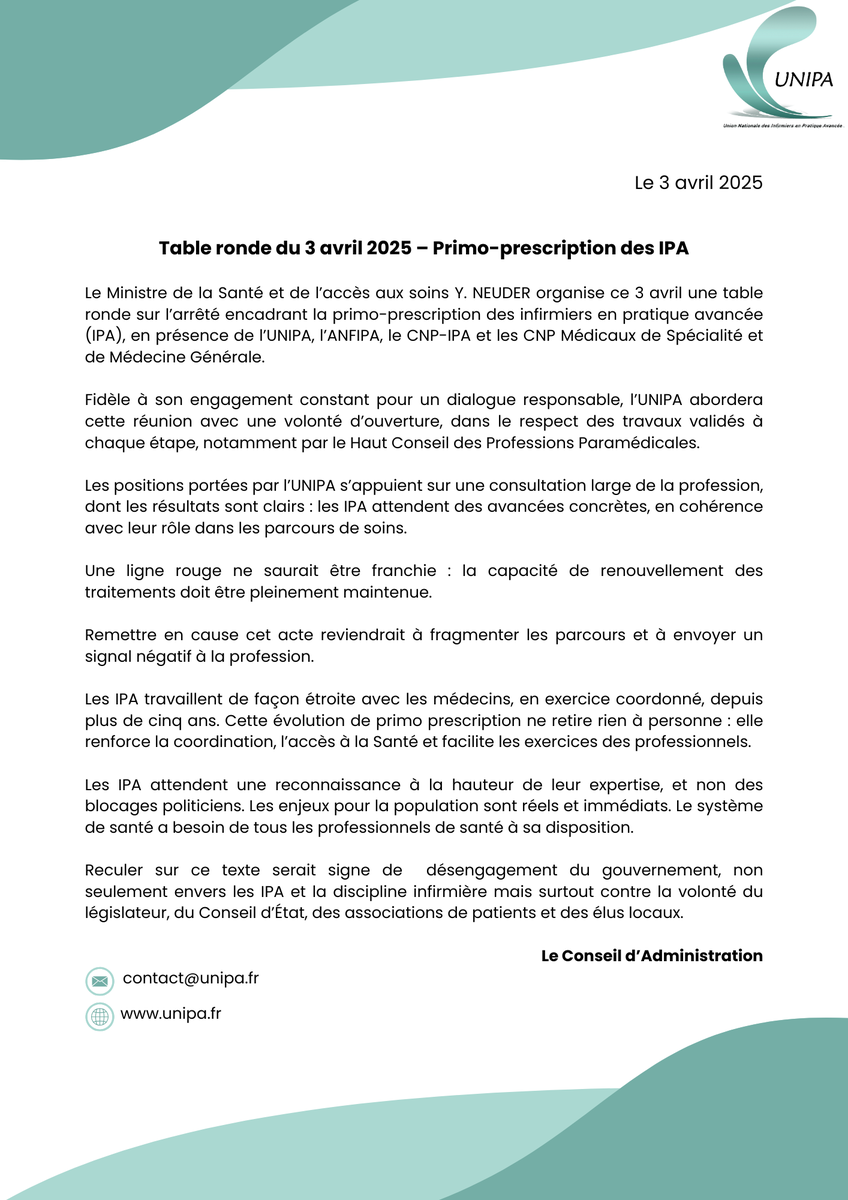 🔜 Table ronde ministérielle ce 3 avril sur la primo-prescription des IPA : un rendez-vous clé pour l’accès aux soins.

Aujourd’hui, le Syndicat UNIPA est au Ministère de la Santé avec l’ ANFIPA, le CNP-IPA pour porter la voix des infirmiers en pratique avancée (IPA) face aux