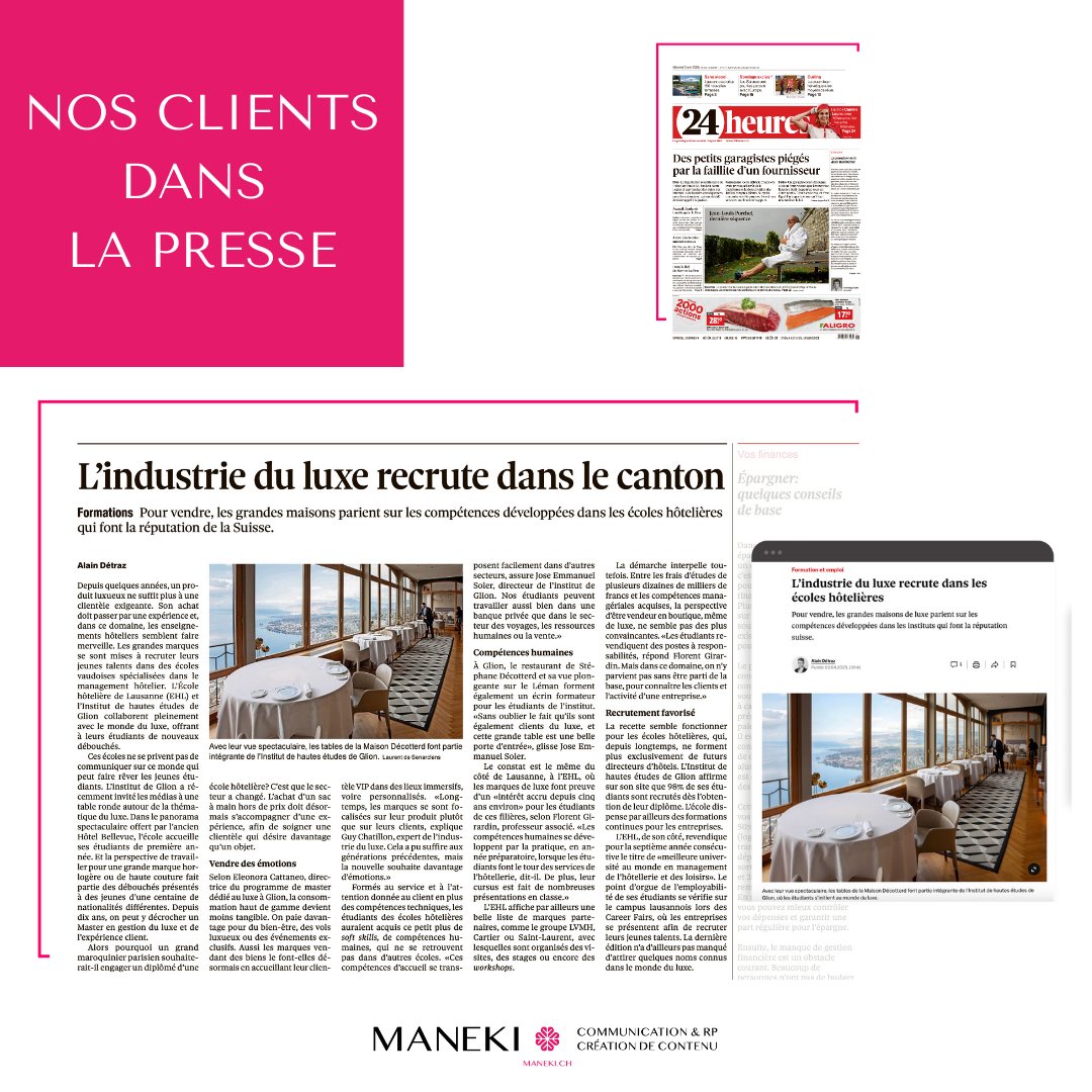 maneki_rp's tweet image. 𝗡𝗼𝘀 𝗰𝗹𝗶𝗲𝗻𝘁𝘀 𝗱𝗮𝗻𝘀 𝗹𝗮 𝗽𝗿𝗲𝘀𝘀𝗲 📰 L’industrie du luxe recrute dans les écoles hôtelières! Pourquoi? Pour leurs compétences d’accueil en vue de soigner l’expérience client, devenue une priorité pour les marques de luxe 24heures.ch/luxe-lindustri… @GlionNews