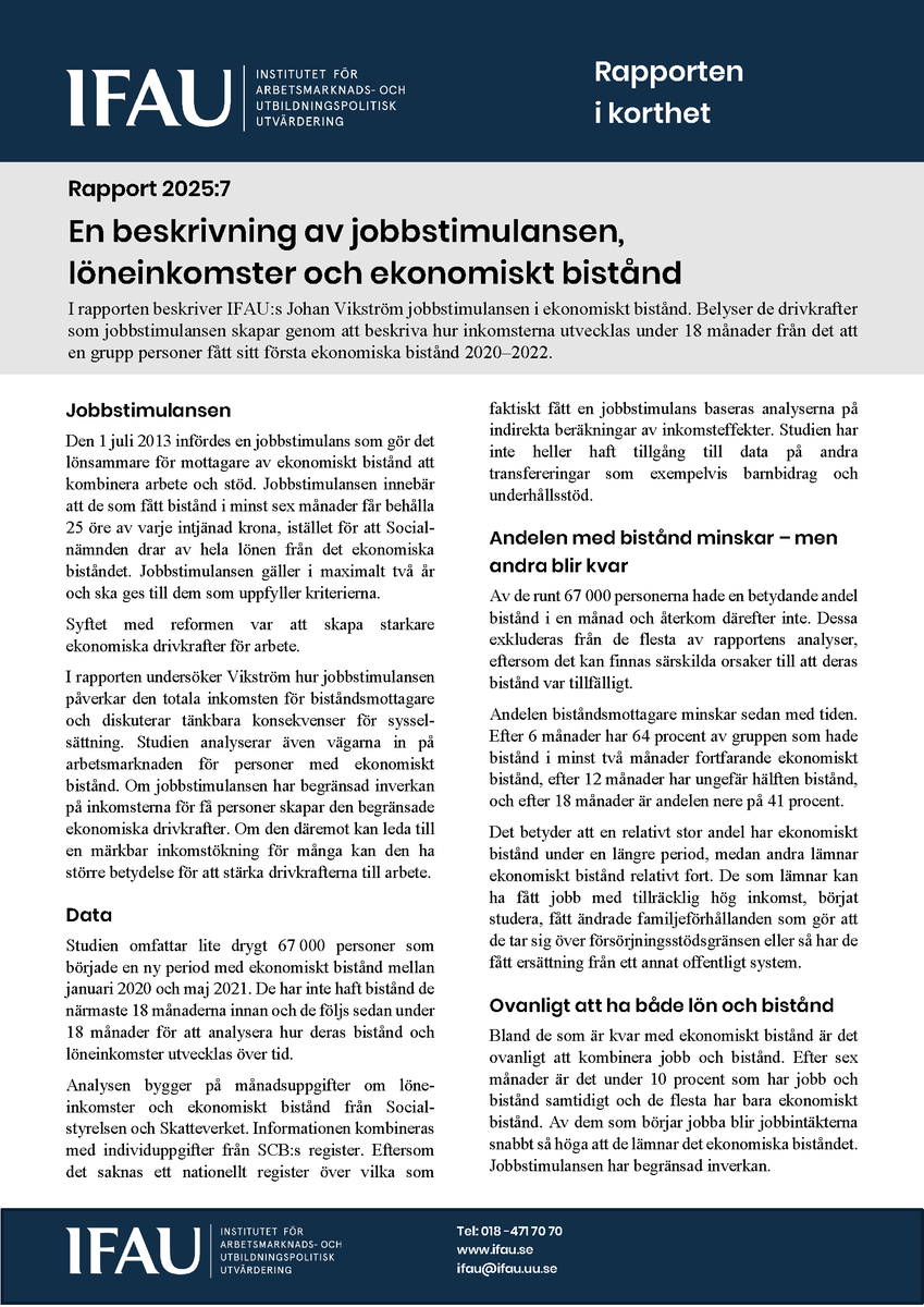 IFAU_SE's tweet image. Jobbstimulansen har liten ekonomisk betydelse för stora grupper med ekonomiskt bistånd och skapar därför begränsade ekonomiska drivkrafter. Ett undantag är sammanboende med barn. Det visar en ny rapport från IFAU.

ifau.se/Press/Pressmed…