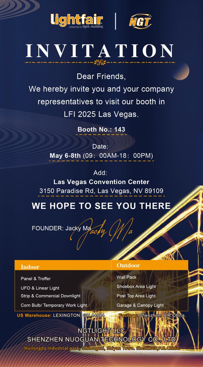 NGTLIGHT's tweet photo. https://t.co/4dNsIhZsFQ
Why Visit Us at LFI? 📍 Booth | 143 📅 May 6-8th (09: 00AM-18: 00PM)  | 📍Las Vegas Convention Center 
15% off MOQ for first-time partners • Face-to-Face Tech Talks: Bring your floor plans – our engineers will optimize lighting layouts ON-SITE https://t.co/XJgdASNU1k