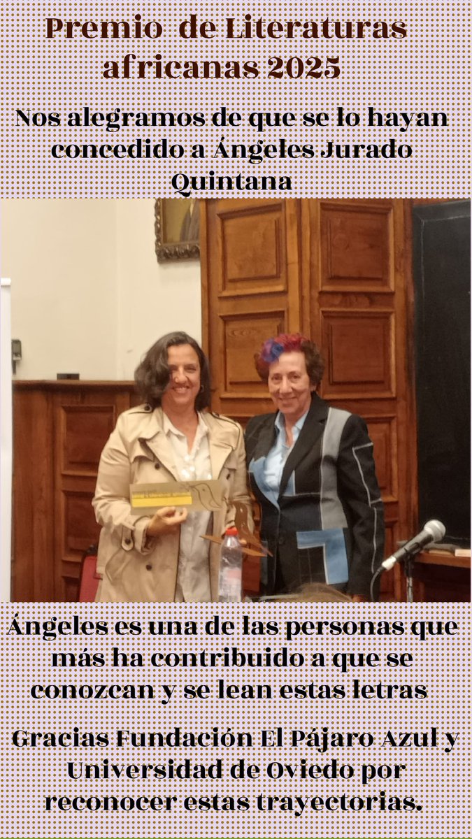 Literafricas (@literafricas) on Twitter photo ¡Qué bonito¡ que se pongan en valor las Literaturas africanas.
No podemos alegrarnos más por este premio tan merecido a <a href="/Angeles_Jurado/">Ángeles Jurado</a>
Que sirva para que el trabajo continúe y nos siga iluminando ¡Qué bonito¡ que se pongan en valor las Literaturas africanas.
No podemos alegrarnos más por este premio tan merecido a <a href="/Angeles_Jurado/">Ángeles Jurado</a>
Que sirva para que el trabajo continúe y nos siga iluminando