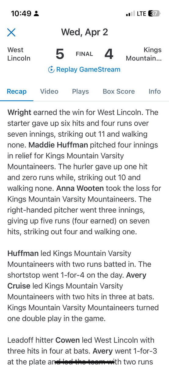 Gabby Wright 2027 RHP (@gabbywright2009) on Twitter photo Exciting night vs Kings Mountain! Tight game, but WLHS wins 5-4. I had 11Ks, 0 walks!! 🥎🥎<a href="/FC_LaRousa/">Firecrackers LaRousa</a> <a href="/caldwell_cobras/">Caldwell CC Softball</a> <a href="/WingateSoftball/">Wingate Softball</a> <a href="/Winthropsoftbal/">Winthrop Softball</a> <a href="/GWUSoftball/">Gardner-Webb Softball</a> <a href="/LRSoftball/">Lenoir-Rhyne Softball</a> <a href="/GCRhinosSB/">Gaston College Softball</a> Exciting night vs Kings Mountain! Tight game, but WLHS wins 5-4. I had 11Ks, 0 walks!! 🥎🥎<a href="/FC_LaRousa/">Firecrackers LaRousa</a> <a href="/caldwell_cobras/">Caldwell CC Softball</a> <a href="/WingateSoftball/">Wingate Softball</a> <a href="/Winthropsoftbal/">Winthrop Softball</a> <a href="/GWUSoftball/">Gardner-Webb Softball</a> <a href="/LRSoftball/">Lenoir-Rhyne Softball</a> <a href="/GCRhinosSB/">Gaston College Softball</a>