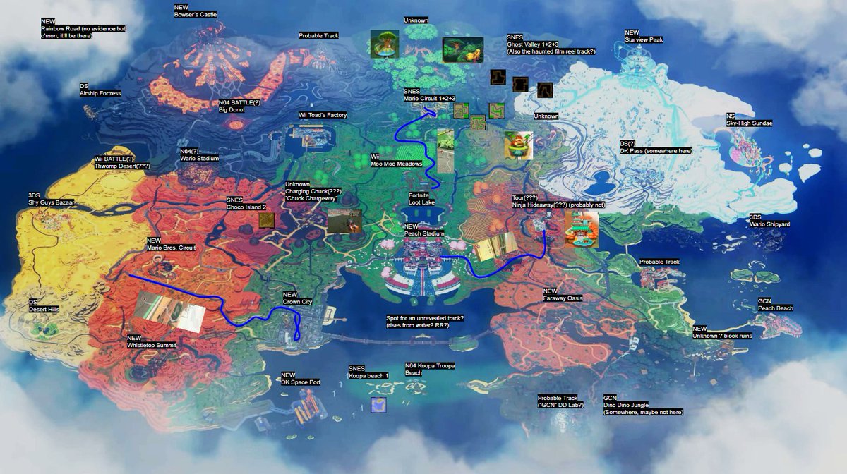 Guac10907962's tweet photo. Okay, take 2, with some more info. Of note:

- More SNES tracks spotted. Ghost Valley 1+2+3 at the top right, choco island 2 (might be a stretch) near bros ct., koopa beach 1 near koopa TROOPA beach, and obv mario ct.
- Potential battle tracks???
- A few of the confirmed paths https://t.co/1InsKp2mRe