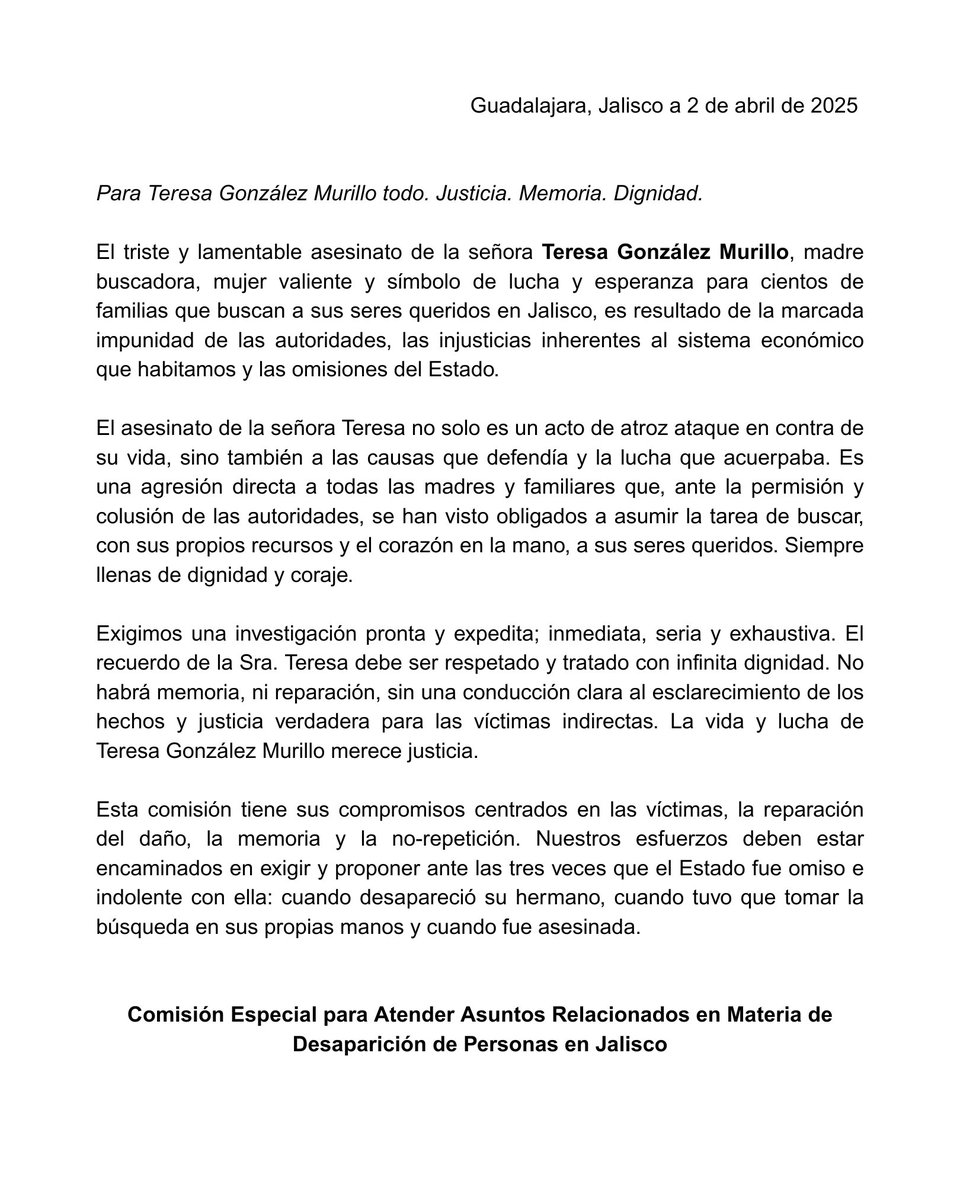 Tonantzin Cárdenas (@tonantzincarm) on Twitter photo Lamentamos profundamente el asesinato de Teresa González Murillo, integrante del Colectivo Luz de Esperanza (<a href="/LuzEsperanz_ofi/">luz_de_esperanzaOficial</a>).
Su lucha, como la de tantas familias buscadoras, no puede seguir costando vidas ni dejando a las víctimas en el desamparo del Estado. Lamentamos profundamente el asesinato de Teresa González Murillo, integrante del Colectivo Luz de Esperanza (<a href="/LuzEsperanz_ofi/">luz_de_esperanzaOficial</a>).
Su lucha, como la de tantas familias buscadoras, no puede seguir costando vidas ni dejando a las víctimas en el desamparo del Estado.