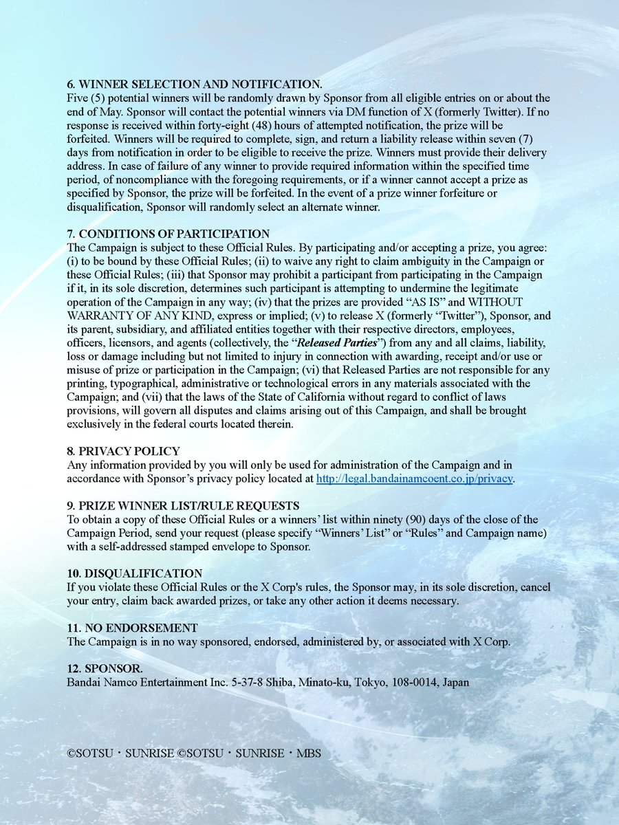 ◤━━━━━━
#GundamEternal
Repost and Follow Giveaway Campaign!(3/3)
━━━━━━━◢

Giveaway Rules  -  This campaign is open to U.S. residents aged 18 or older, or the age of majority in their state. Please read the rules before participating. Details are in the image.