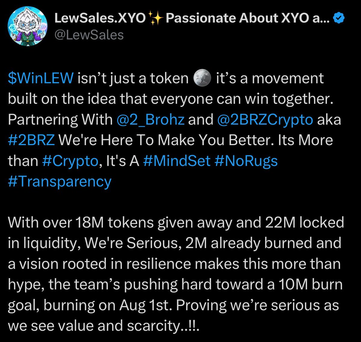 LetEveryOneWin's tweet image. On Aug 1st,
8 Million $WinLEW Will be Burned 🔥
Bringing the Total Circulating Supply down to 990 Million

 **To Donate to this cause Send #WinLEW to burn.winlew.sol)
EX5nxVKgRKaJVZLfDUinXie6HQ5GPhKwkZ419pRGaZ74