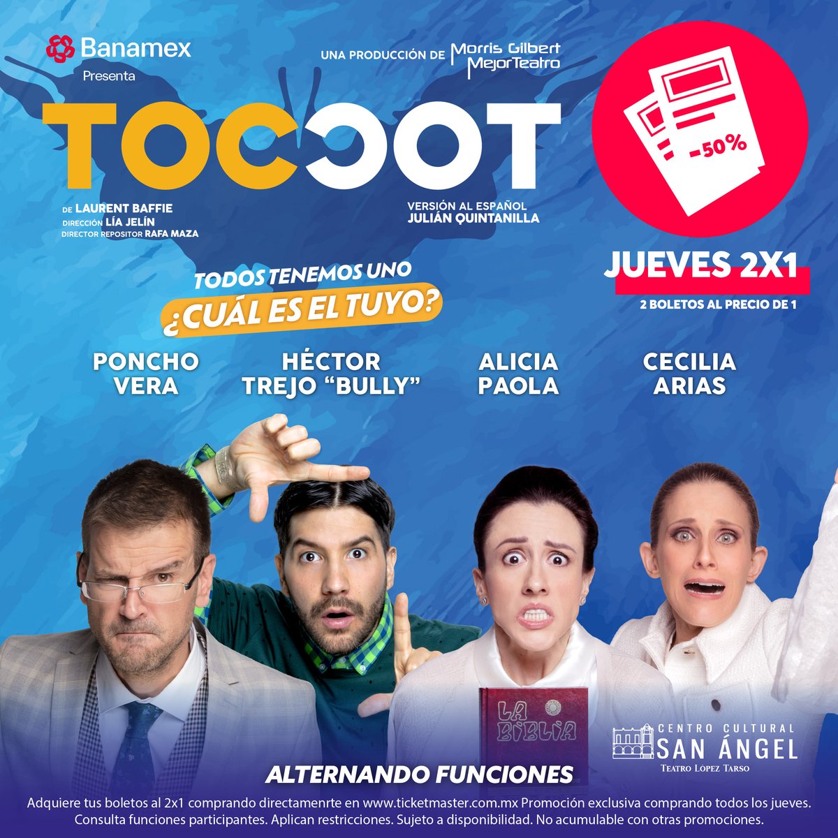 TOC TOC México (@toctocobra) on Twitter photo ✨Aprovecha este jueves al 2x1 y no te pierdas de #TOCTOC✨
💢 <a href="/ponchovpof/">Poncho Vera</a>
〰️ <a href="/HectorTrejo/">Héctor Gabriel Trejo</a>
🫧 <a href="/ceciliaarias28/">cecilia arias</a>
🎟️ bit.ly/TocTocJueves2x1 ✨Aprovecha este jueves al 2x1 y no te pierdas de #TOCTOC✨
💢 <a href="/ponchovpof/">Poncho Vera</a>
〰️ <a href="/HectorTrejo/">Héctor Gabriel Trejo</a>
🫧 <a href="/ceciliaarias28/">cecilia arias</a>
🎟️ bit.ly/TocTocJueves2x1