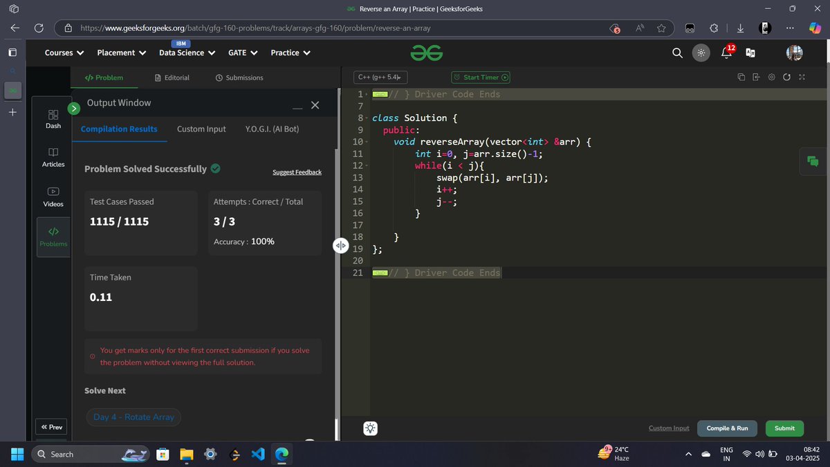 _nidhi_16's tweet photo. Day 3 of the GFG 160 challenge! Successfully reversed an array. Another problem down! #ReverseArray #DSA #geekstreak2025 #gfg160 https://t.co/GepNROJMED